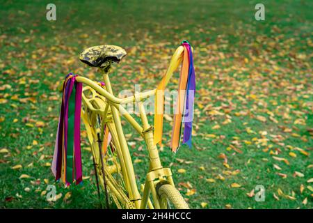 bicicletta gialla d'epoca su sfondo autunnale. Foto Stock