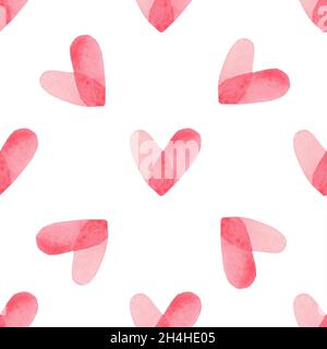 Motivo senza cuciture con cuori di acquerello dipinti a mano rosa brillante. Sfondo decorativo romantico perfetto per il giorno di San Valentino carta regalo, decorazioni per matrimoni o tessuti Foto Stock