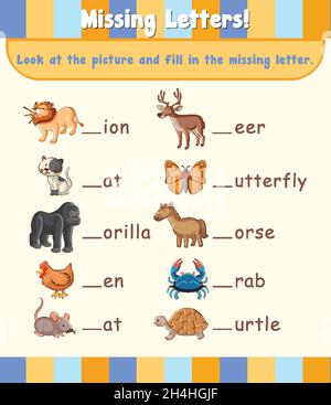Compilare l'illustrazione del modello del foglio di lavoro con lettera mancante Illustrazione Vettoriale