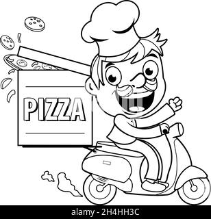 Pizza consegna chef a bordo di uno scooter. Pagina di colorazione vettoriale in bianco e nero Illustrazione Vettoriale