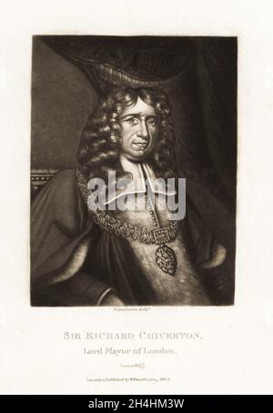 Sir Richard Chiverton, Lord Mayor di Londra, 1657-58, in abiti e catene cerimoniali. Membro della Worshipful Company of Skinners, ingingiato da Oliver Cromwell e di nuovo da re Carlo II alla Restaurazione. Incisione a mezzotinta di Robert Dunkarton dopo un ritratto di Sir Anthony van Dyck di Richard Earlom e dei ritratti di personaggi di Charles Turner Illustrious in British History incisi in Mezzotinto, pubblicato da S. Woodburn, Londra, 1814. Foto Stock