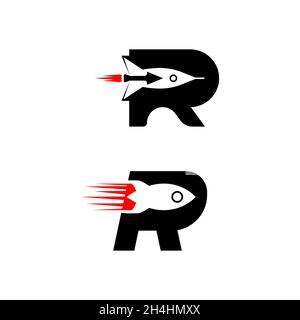 R Letter con il modello di illustrazione del disegno dell'icona Rocket Vector Foto Stock