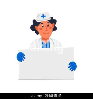 Medico che tiene in bianco poster bianco, giovane medico maschile in abito bianco e cappello tenere vuoto segno. Illustrazione vettoriale cartoon di stile piatto. Illustrazione Vettoriale