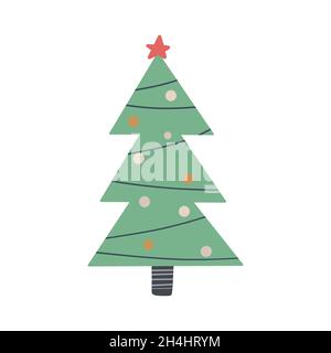 Albero di Natale disegnato in semplice stile primitivo doodle. Illustrazione vettoriale piatta botanica ingenua isolata su sfondo bianco Illustrazione Vettoriale