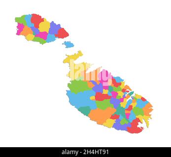 Mappa di Malta, divisione amministrativa, singole regioni separate, mappa a colori isolata su sfondo bianco, vuota Foto Stock