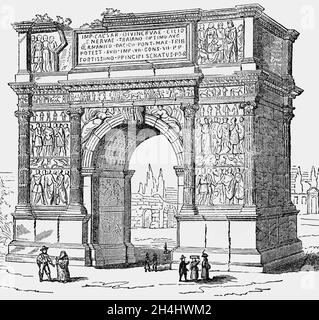 Un'illustrazione del tardo XIX secolo dell'Arco di Traiano, un antico arco trionfale romano a Benevento, nel sud dell'Italia. Fu eretta tra il 114 e il 117 in onore dell'imperatore Traiano attraverso la Via Appia, nel punto in cui entra in città. Foto Stock