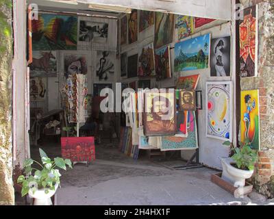 LA HABANA, CUBA - Nov 30, 2013: Una vista di un negozio di dipinti realizzato localmente in un garage in vendita con piante di fronte Foto Stock