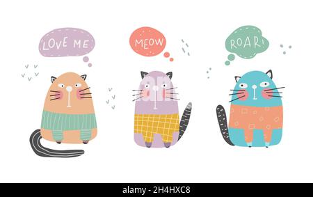 Raccolta di simpatici gatti divertenti. Gatti colorati isolati su sfondo bianco. Illustrazione vettoriale Illustrazione Vettoriale