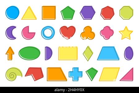 Icona di forma geometrica di base isolata su sfondo bianco. Scuola elementare insegnamento matematica figure triangolo, quadrato, cerchio, esagono, rettangolo. Poster di apprendimento del cartone animato dello studio della geometria educativa per bambini Illustrazione Vettoriale