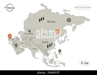 Mappa Asia, singoli stati con nomi, infografica e icone vettore Illustrazione Vettoriale