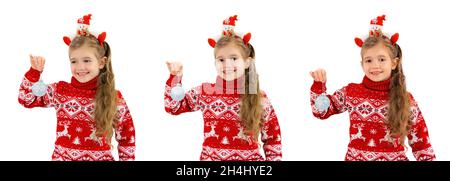 Collage di ragazze sorridenti carine in un maglione rosso con un cervo e un Natale bauble isolato su uno sfondo bianco. Un set di bambini con diverso fac Foto Stock