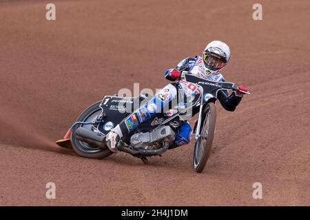 Daniel Bewley speedway rider in sella alla British Final al National Speedway Stadium di Manchester, il 16 agosto 2021 Foto Stock