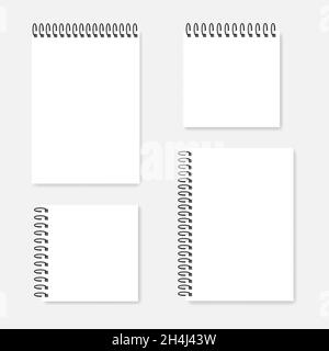 Set di mockup per notebook bianco con rilegatura ad anello - A4 e quadrato. Diari bianchi a spirale. Molle laterali e superiori. Modello vettoriale Illustrazione Vettoriale