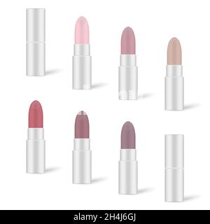 Rossetto colorato in set tubo argento. LIP rouge isolato su sfondo bianco, illustrazione vettoriale Illustrazione Vettoriale