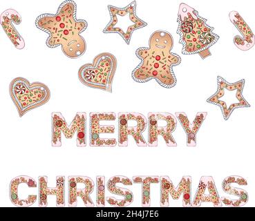 Pan di zenzero scritta Merry colore di Natale Illustrazione Vettoriale