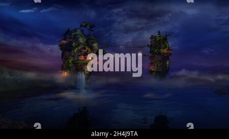 Magiche isole volanti sul lago notturno, rendering 3D. Foto Stock