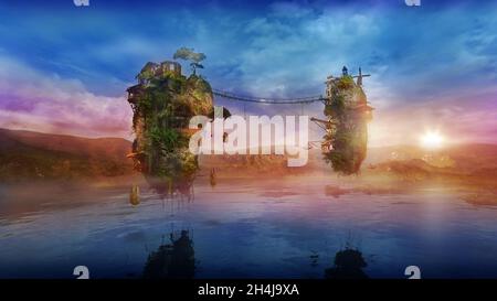 Magiche isole volanti sul lago al tramonto, rendering 3D. Foto Stock