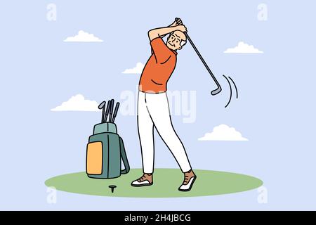 Divertimento attivo e concetto di golf. Sorridente uomo anziano vecchio personaggio cartoon in piedi giocando a golf con club sensazione eccitata illustrazione vettoriale Illustrazione Vettoriale
