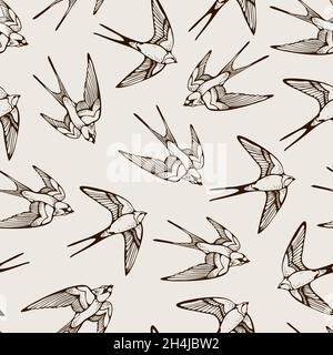 Swallow vettore uccello pattern senza giunture, sfondo disegnato a mano Illustrazione Vettoriale