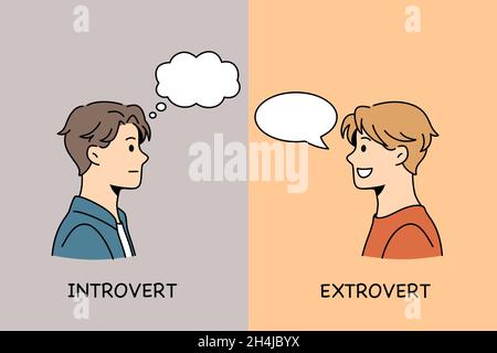 Essere introvert o extrovert concetto. Giovane ragazzo serio introvert e ragazzo sorridente estrovert in piedi l'uno di fronte all'altro con caratteri vettore illustrazione Illustrazione Vettoriale