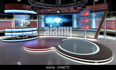 Virtual TV Studio Chat Set 1. Sfondo verde dello schermo. Rendering 3d. Set studio virtuale per riprese cromatiche. Foto Stock