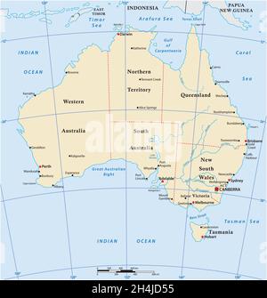 Mappa vettoriale del continente australiano con le principali città Illustrazione Vettoriale