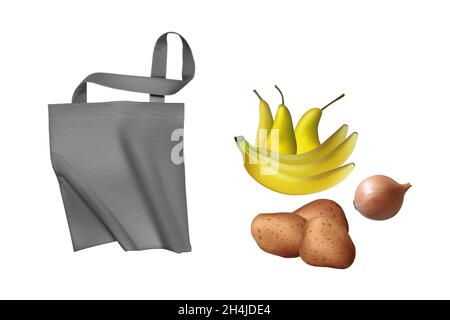 Sacchetti ecologici grigi realistici per frutta e verdura Illustrazione Vettoriale
