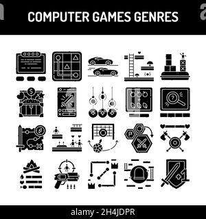 Giochi per computer generi linea colori icone set. Pittogramma per pagina web, app mobile, promo. Elemento di progettazione GUI UI UX. Tratto modificabile. Illustrazione Vettoriale
