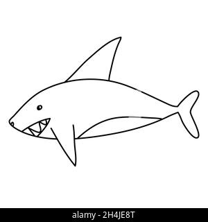 Squalo cartoon, predatore del mare, grande squalo bianco illustrazione vettoriale di doodle disegnata a mano Illustrazione Vettoriale