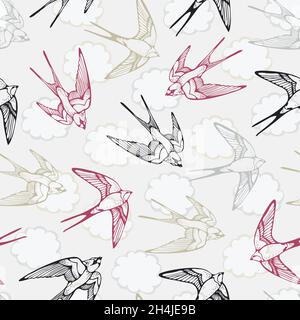 Swallow vettore uccello pattern senza giunture, sfondo disegnato a mano Illustrazione Vettoriale