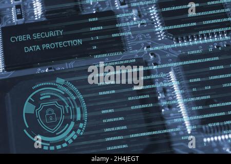 scheda a circuito stampato con componenti attivi e passivi a montaggio superficiale in primo piano. Concetto di sicurezza informatica Foto Stock