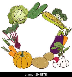 Set vettoriale di verdure, raccolta di verdure disegnate a mano, sfondo di cibo Illustrazione Vettoriale