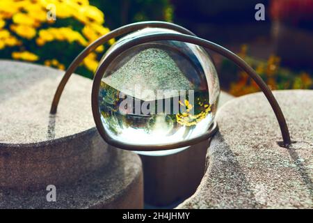Sfera di cristallo con riflesso della natura . Fiori gialli riflessi nella sfera di vetro Foto Stock
