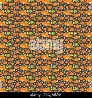 Modello senza cuciture con zucche e foglie disegnate a mano. Design per Halloween o giorno di ringraziamento Foto Stock