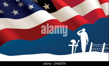 Veterani Day celebrazione illustrazione. Noi bandiera su sfondo HD banner. Ricordare e onorare. Illustrazione Vettoriale