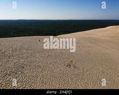 Veduta aerea delle persone sulla Duna di Pilat, la teste-de-Buch, Arachon, Gironde, Nouvelle-Aquitaine, Francia Foto Stock