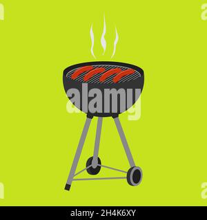 Barbecue cibo grill isolato su sfondo verde. Salsicce alla griglia affumicate. Vettore icona BBQ per invito partito, banner, modello volantino o menu des Illustrazione Vettoriale