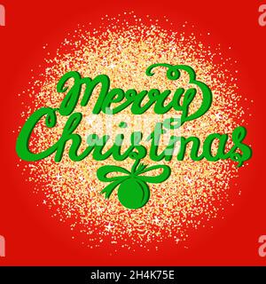 Allegro scritta a mano di Natale su sfondo rosso con glitter oro. Biglietto di auguri vettoriale. Illustrazione Vettoriale