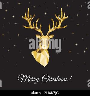 Testa a cervi a triangolo in polietilene bassa. Biglietto di auguri natalizio con renna d'oro su sfondo nero. Illustrazione vettoriale in stile origami. Illustrazione Vettoriale