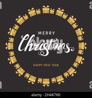 Allegro scritta a mano di Natale con scatole regalo d'oro su sfondo nero. Biglietto di auguri vettoriale. Illustrazione Vettoriale