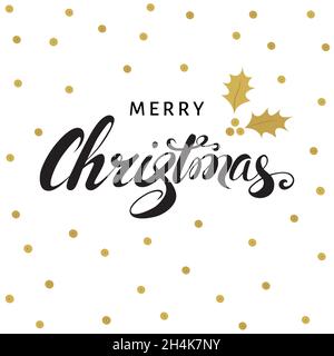 Allegro scritta a mano di Natale con rametto d'oro di agrifoglio con bacche e foglie. Biglietto di auguri vettoriale. Illustrazione Vettoriale