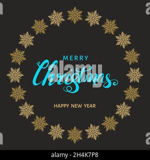 Scritta a mano blu Natale con fiocchi di neve dorati su sfondo nero. Biglietto di auguri vettoriale. Illustrazione Vettoriale