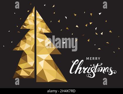 Albero di Natale dorato e scritta. Biglietto d'auguri xmas con abete-tree poligonale a triangolo su sfondo nero. Illustrazione vettoriale in stile origami. Illustrazione Vettoriale