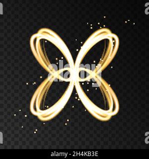 Golden neon astratto farfalla silhouette isolata su sfondo trasparente. Effetto luce con raggi laser. Logotipo vettoriale dell'oro. Illustrazione Vettoriale