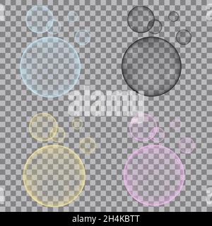 Bolle d'ossigeno frizzante in acqua frizzante. Blu, giallo, rosa, nero scintilla su sfondo trasparente. Tessuto vettoriale per acquario, drin di soda Illustrazione Vettoriale