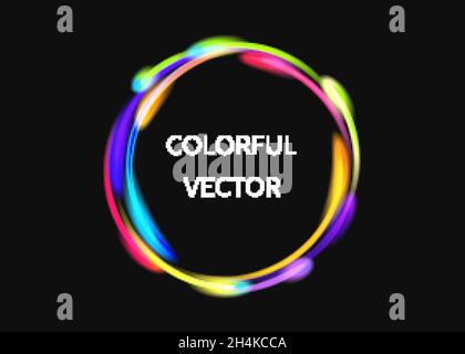 Le luci colorate del cerchio di neon si attivano su sfondo nero. Fasci di energia di luce magica flash. Suoneria astratta multicolore. Comet sentieri. Divieto vettore Illustrazione Vettoriale