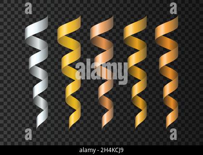 Set di nastri a serpentina in oro, argento e rame realistici. Decorazioni in oro streamers. Elementi di design Vector 3d per feste, carnevale Illustrazione Vettoriale