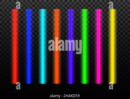 Set di vettori di raggi laser isolati su sfondo trasparente. Collezione colorati raggi al neon. Effetto luce brillante. Illustrazione Vettoriale