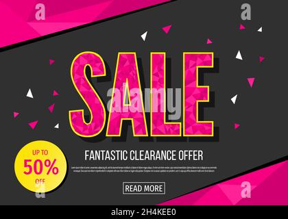 Modello di banner in vendita in nero e rosa. Design geometrico moderno. Fantastica offerta di liquidazione. 50% di sconto. Illustrazione piatta vettoriale. Illustrazione Vettoriale