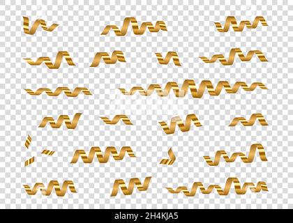 L'oro ricurla per l'arredamento del festival. Nastri a serpentina dorati e lucidi isolati su sfondo trasparente. Decorazione per carnevale, fiesta, nascita Illustrazione Vettoriale